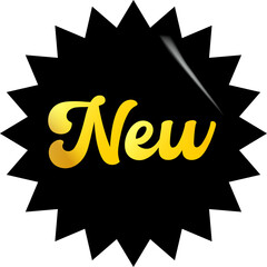 Black NEW vip modern round sticker with golden text isolated on white. Vip style black sticker, sale sticker, price tag, retro label, sale or discount sticker, promotional badge set, shopping label