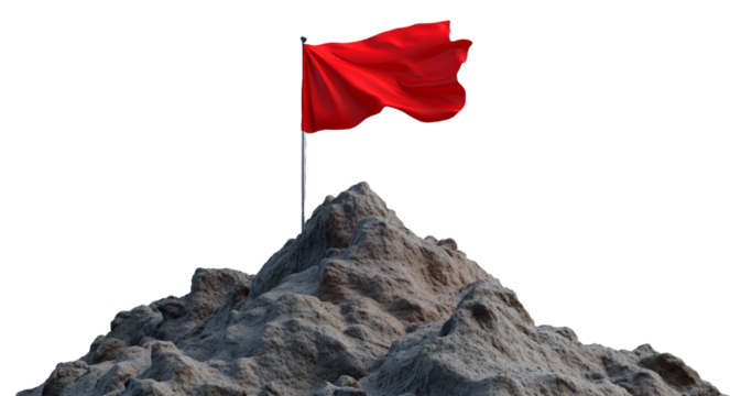 Red flag on top of a mountain, isolated against a transparent background - Powered by Adobe