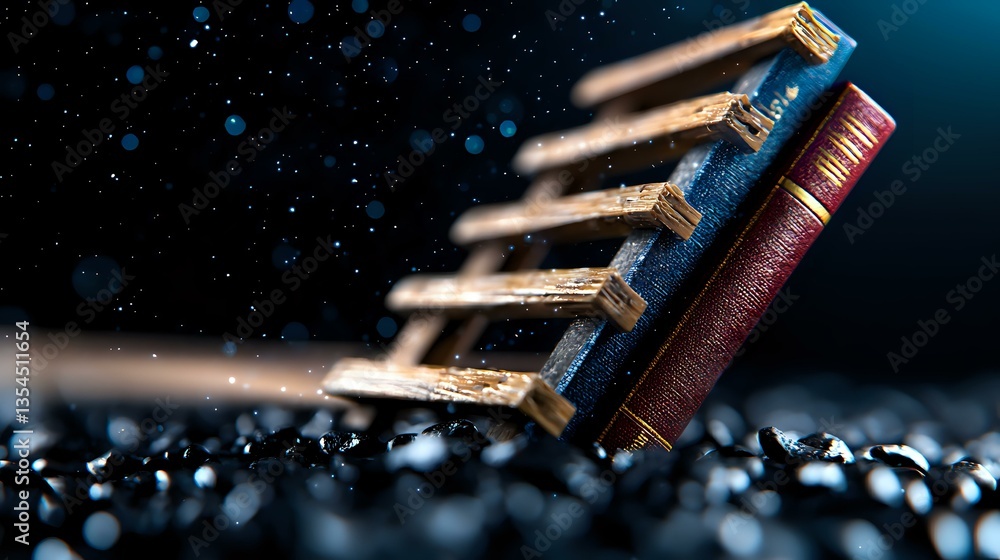 Poster old vintage books falling in dramatic lighting with magical dust particles floating against dark bac