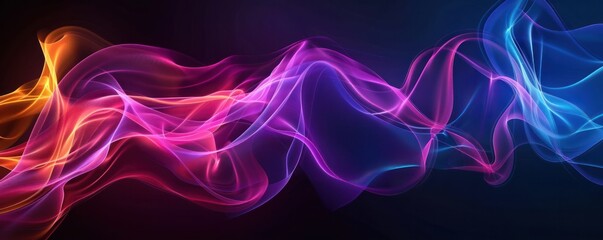 Abstract background with colorful curves and lines, dark blue purple red color scheme, glow effect, thin smoke style, high resolution, black background, futuristic digital.