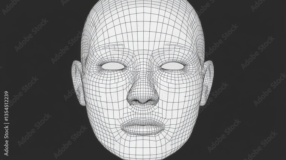 Poster digital model face with a geometric wireframe grid on a grey backdrop