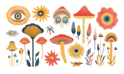 Psych grainy flat vector set, mushroom, leaves and flower colorful elements flat style, summer, spring party, eyes, eye, surreal liquid stile, festival cartoon