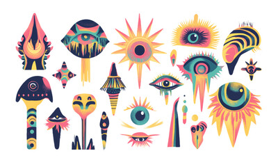 Psych grainy flat vector set, graphic colorful elements flat style, summer spring party, eyes, mushroom and nature, eye, surreal liquid stile