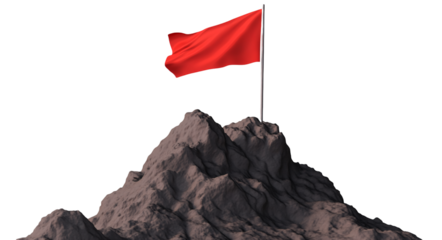 Red flag on top of a mountain, isolated against a transparent background
