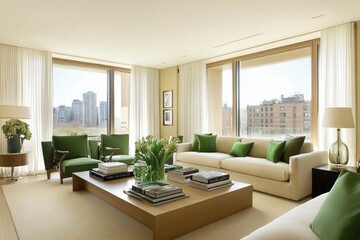 Modern luxury living room with panoramic city views