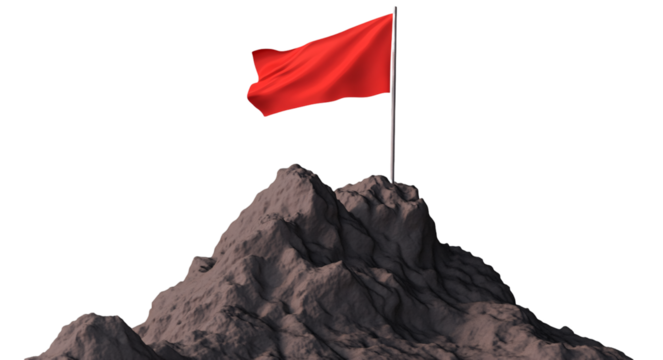 Red flag on top of a mountain, isolated against a transparent background