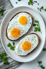 Sunny side up eggs on toasted bread garnished with black pepper and fresh parsley leaves, served on white ceramic plate. Healthy breakfast concept.