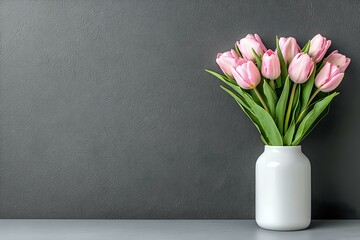 Fototapeta premium Fresh pink tulips in white ceramic vase against dark gray textured wall on light surface, minimalist spring floral arrangement with copy space for text.
