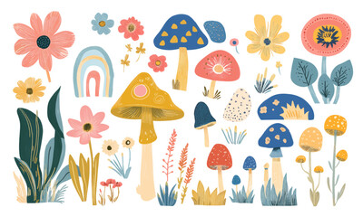 Psych grainy flat vector set, mushroom, leaves and flower colorful elements flat style, summer, spring party, eyes, eye, surreal liquid stile, festival cartoon