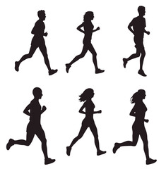 Running men and women, vector set of isolated silhouettes