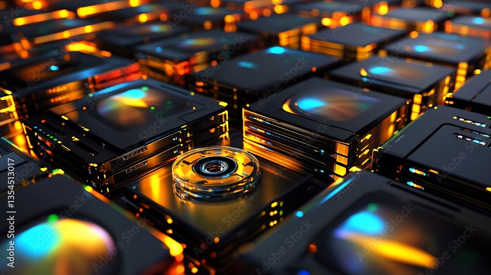 Poster illuminated data center: a futuristic array of servers