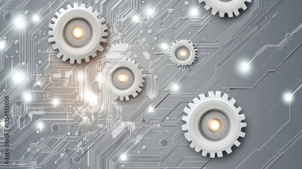 Poster abstract gears on circuit board, futuristic technology background, possible use in technology presen
