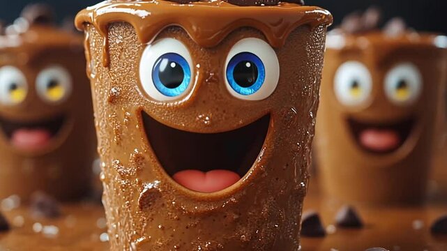 Chocolate ice cream cups with cartoon faces, dripping chocolate, on dark surface