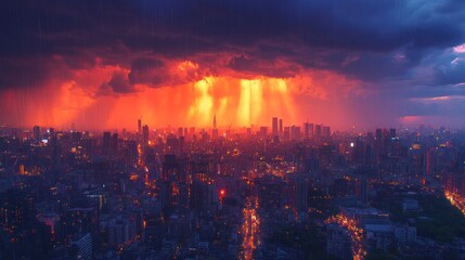 Obraz premium Fiery Cityscape Under a Dramatic Storm