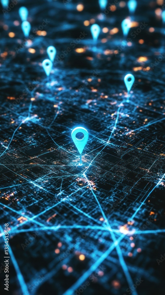 Poster digital map with location pins highlighting urban connectivity and routes