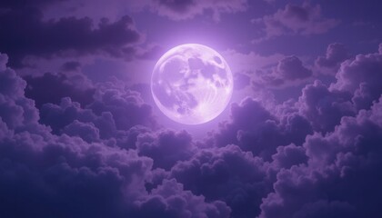 Fototapeta premium Lavender Moon Ethereal Night Sky, Purple Clouds, Glowing Celestial Body