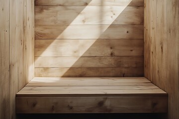 Wooden planks arranged in a room with shadows and natural light