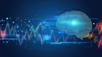 A futuristic brain hologram floating in a high-tech environment with digital waves