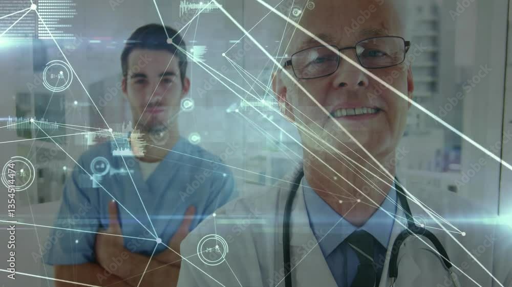 Poster doctors in hospital with digital network connections and data overlay animation