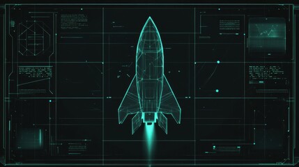 A geometric vector rocket made of polygons against a futuristic grid