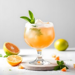 Fototapeta premium Refreshing Citrus Cocktail with Mint Garnish and Tropical Vibes on White Background