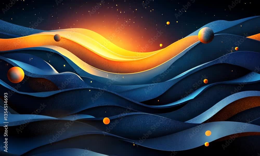 Poster cosmic horizon: mesmerizing waves and celestial orbs in a digital art creation