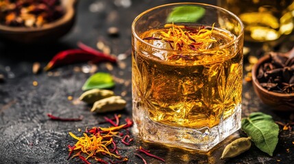 Fototapeta premium A glass of golden herbal drink infused with saffron strands and cardamom