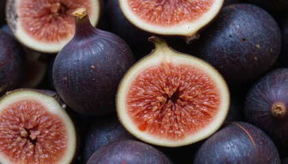 Juicy Figs A Close-Up View of Halved Figs, Revealing Their Vibrant Pink Interior and Deep Purple Skin