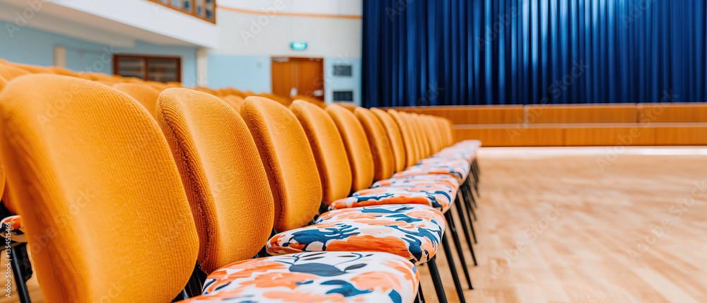 Poster empty auditorium with rows of orange chairs and floral patterns, creating vibrant yet serene atmosph