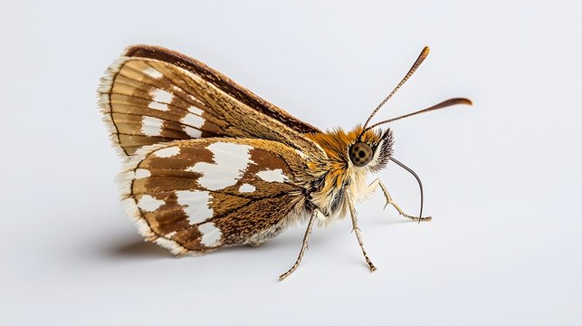 16. A small silver-spotted skipper butterfly with brown and white markings, gently resting on a white background