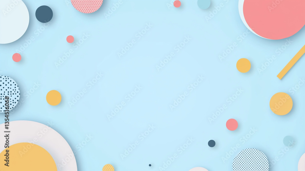 Poster light blue background with simple shapes and dots, white space in the center of the composition.