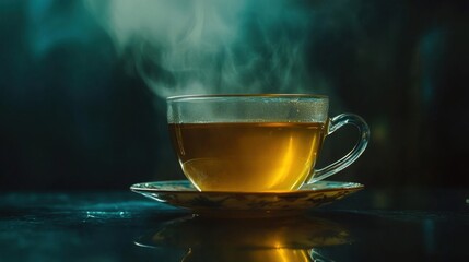 A golden herbal tea in a delicate porcelain cup with steam rising against a dark background