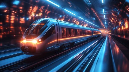 Fototapeta premium Futuristic High-Speed Train in Neon-Lit Tunnel