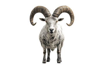A Goat with long horns standing Isolated on White and Transparent Background PNG Image.
