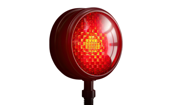 Illuminating the Night: Close-up of a vivid, red automotive lamp, showcasing intricate design and the brilliant light it emits, against a clean background.