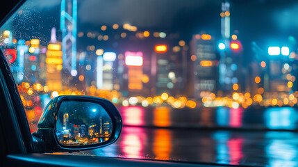 Nighttime cityscape through a car window, glowing lights and reflections, capturing urban solitude.