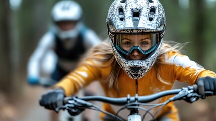 Naklejka premium Two young mountain bikers, focused and engaged, navigating a forest trail