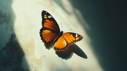 Fototapeta premium 22. A striking monarch butterfly with vibrant orange wings and dark spots, floating on a white surface