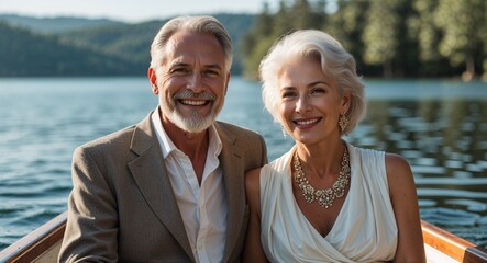 Obraz premium Smiling middle aged couple in boat on lake romantic getaway photography model