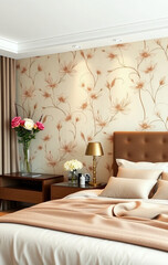 Harmonized Modern Bedroom with Floral Wallpaper, Elegant Textiles, and Stylish Decor in Cozy Ambiance – Generative AI