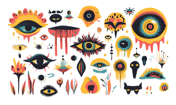 Psych grainy flat vector set, graphic colorful elements flat style, summer spring party, eyes, mushroom and nature, eye, surreal liquid stile
