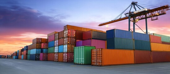 Fototapeta premium Colorful shipping containers at a port at sunset with a crane.