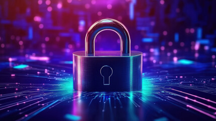 Cybersecurity chrome padlock surrounded by digital and holographic data streams, data protection, security concepts