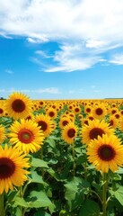 Fototapeta premium Vibrant yellow sunflowers in a vast field under a bright blue sky, sunflowers, field, peace