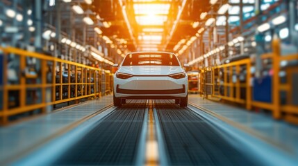 Car in a modern factory setting with bright lighting.