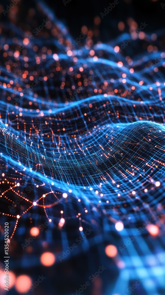 Aufkleber abstract digital waves with glowing lines and particles in dark background