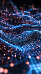 Abstract digital waves with glowing lines and particles in dark background