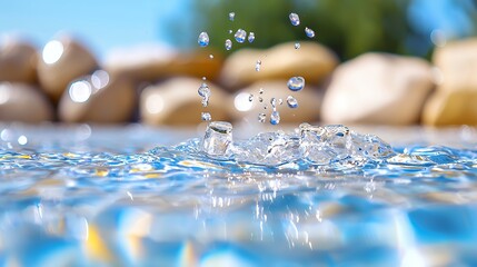 Water Drops Splashing with Reflection on Blue Surface with Natural Background