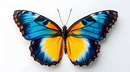 Fototapeta premium 37. A butterfly with vivid blue and yellow wings resting gently on a plain white background