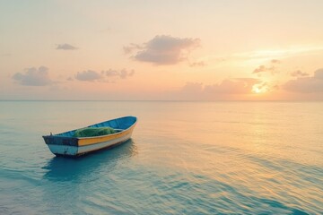 Fototapeta premium A small fishing boat at sunrise, casting nets, with the serene beauty of the ocean surrounding it, emphasizing peaceful maritime travel. 